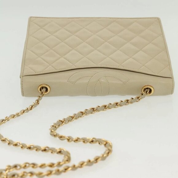 CHANEL Matelasse Chain Shoulder Bag Lamb Skin Ivory Gold CC Auth - Picture 8 of 16